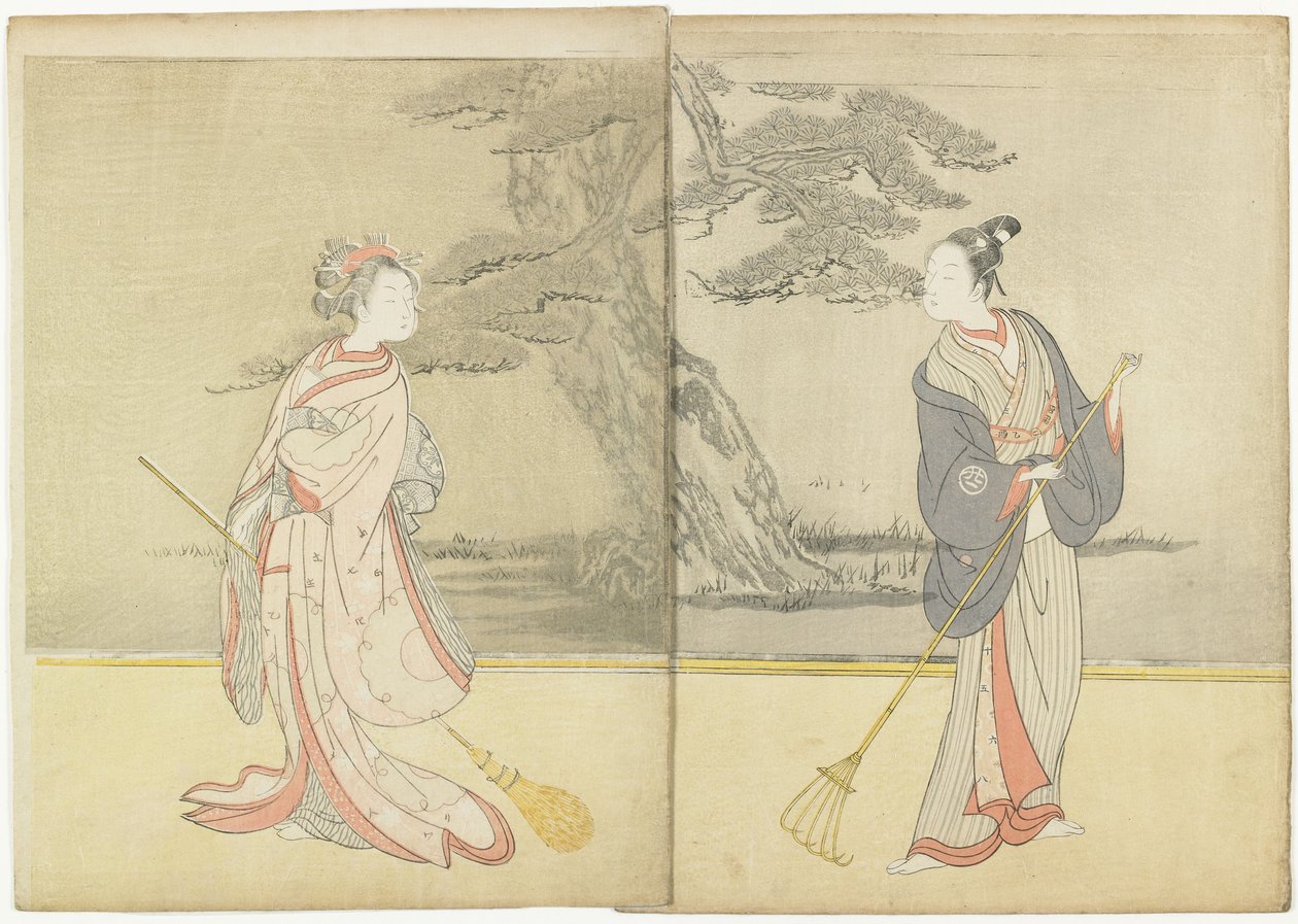 Druk kalendarzowy Meiwa 2 i mitate of the No_ Play Takasago, 1765 autorstwa Suzuki Harunobu