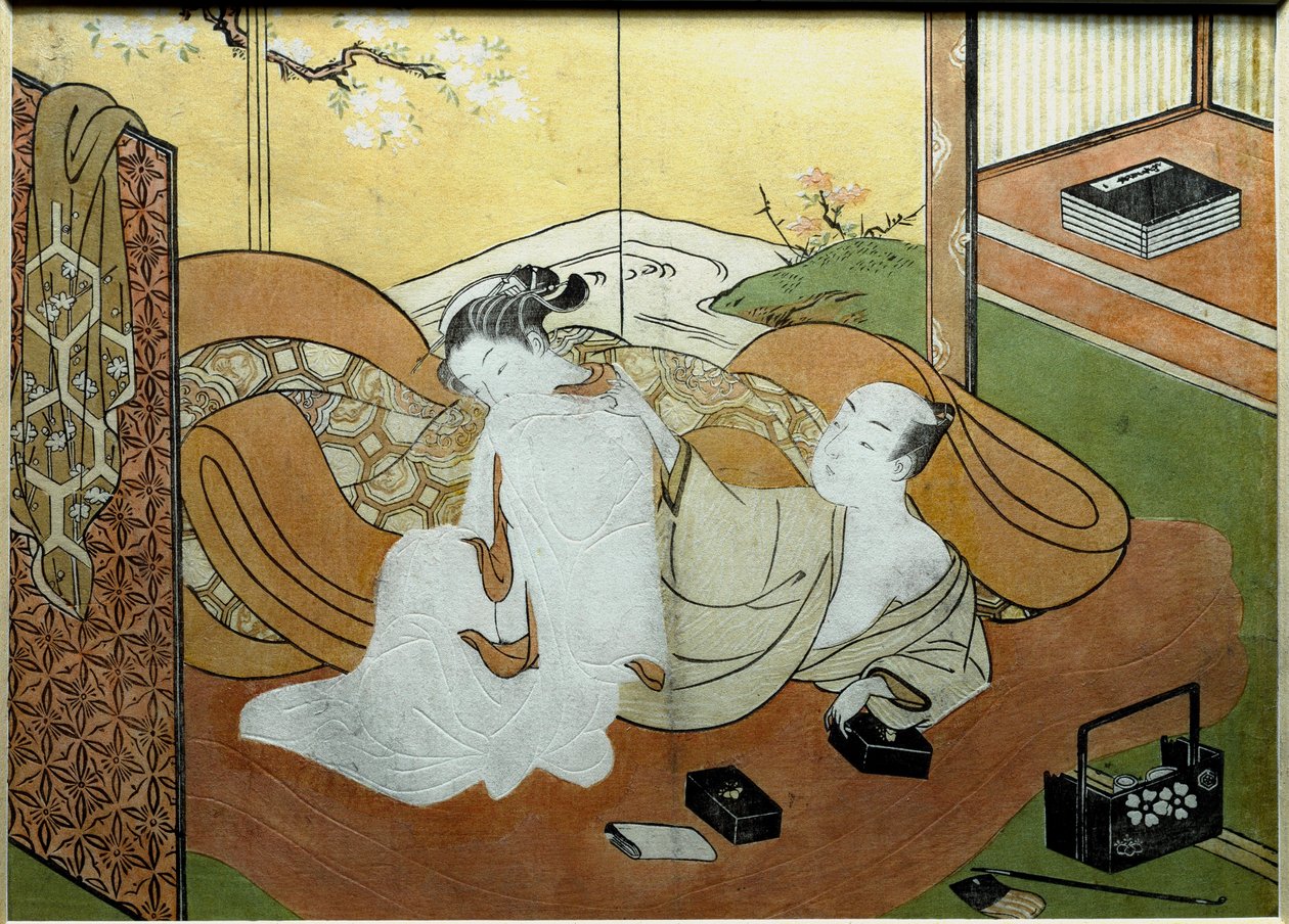 Para zakochanych leżąca we wnętrzu z ekranem, pudełko do kaligrafii Nadruk Nishiki-e (Nishiki e) autorstwa Suzuki Harunobu (1725-około 1770) 1765 ok. Słońce. 20,6x27,8 cm Kolekcja prywatna autorstwa Suzuki Harunobu