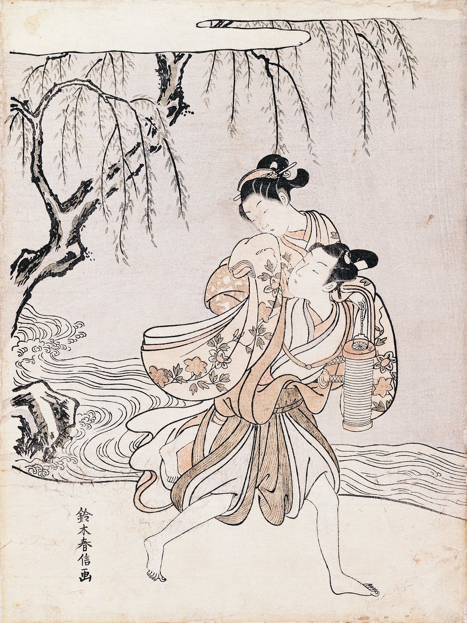 Para nad brzegiem rzeki, Suzuki Harunobu (1725-1770), tusz i kolory, Japonia, cywilizacja japońska, okres Edo autorstwa Suzuki Harunobu