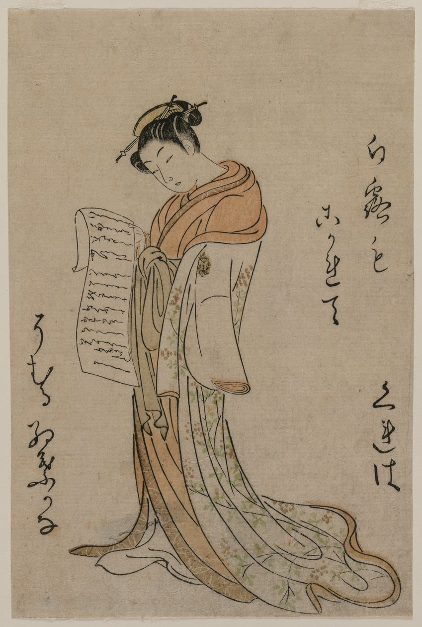 Kurtyzana czytająca list z serii Collection of Beauty of the Green Houses, 1725-1770. autorstwa Suzuki Harunobu