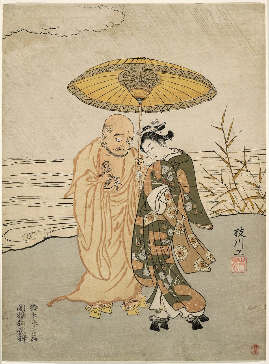 Daruma i młoda kobieta w deszczu autorstwa Suzuki Harunobu
