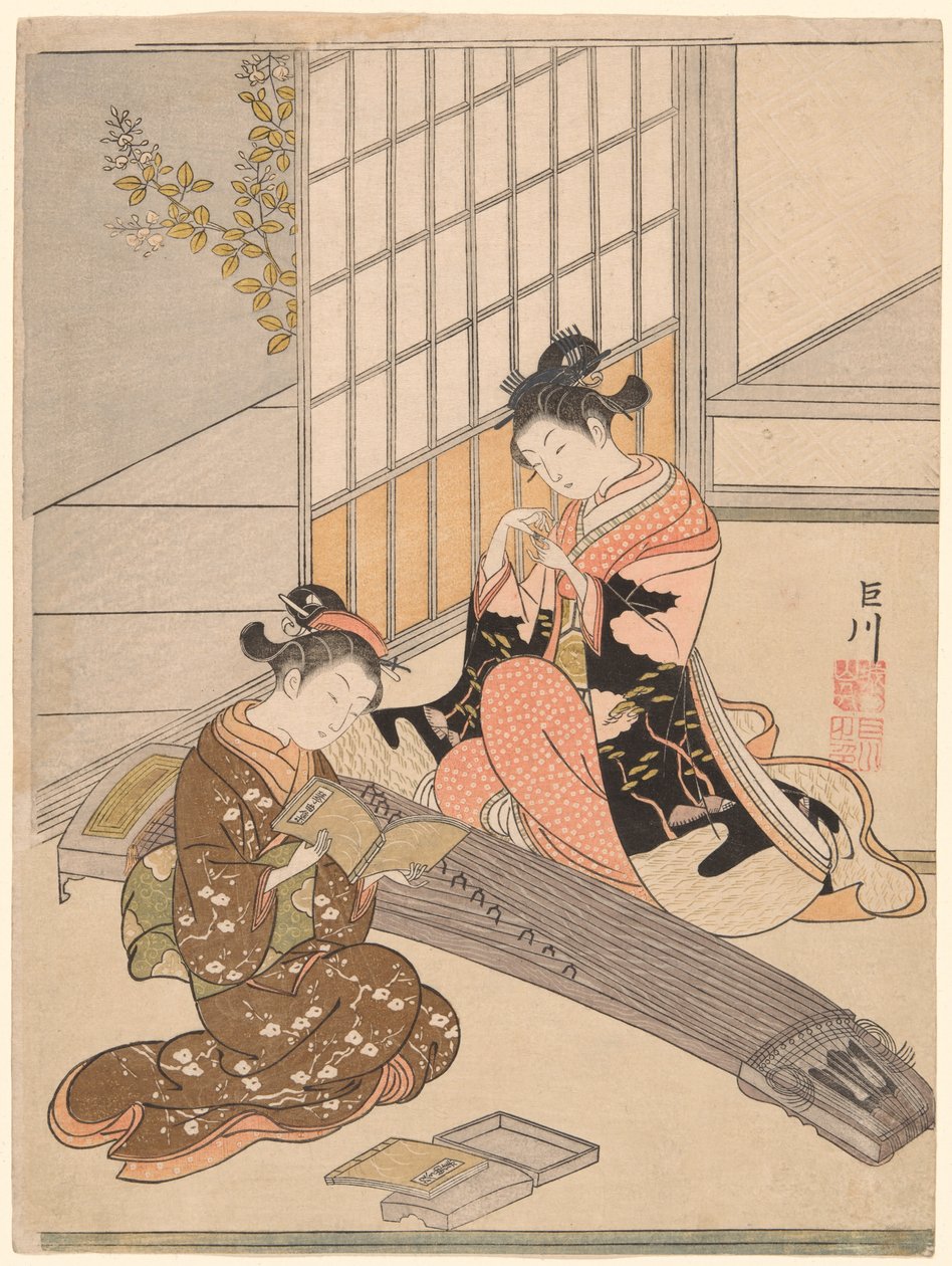 Zstępujące gęsi z mostów Koto (Kotoji no rakugan), z serii „Osiem widoków salonu (Zashiki hakkei)” autorstwa Suzuki Harunobu