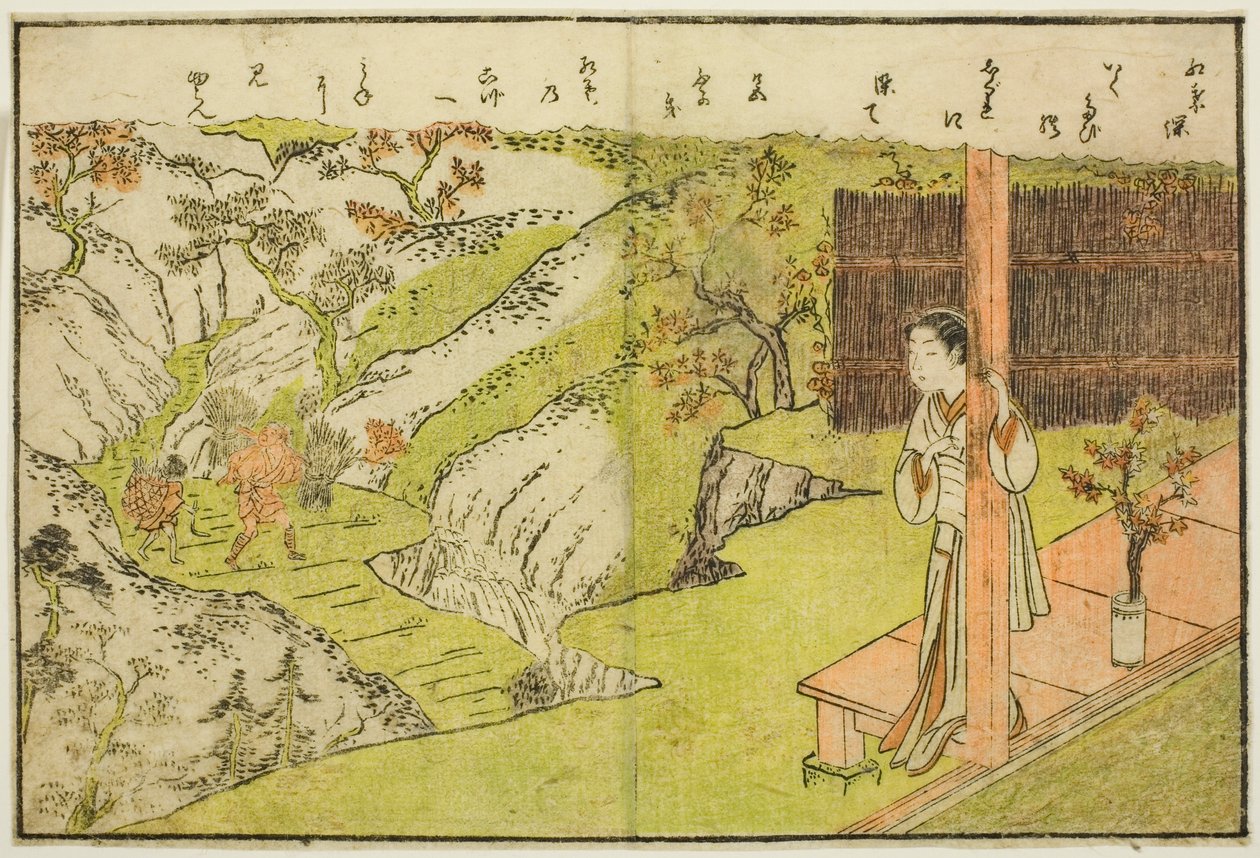Dwustronicowa ilustracja z tom. 1 z „Picture Book of Spring Brocades (Ehon haru no nishiki)” autorstwa Suzuki Harunobu