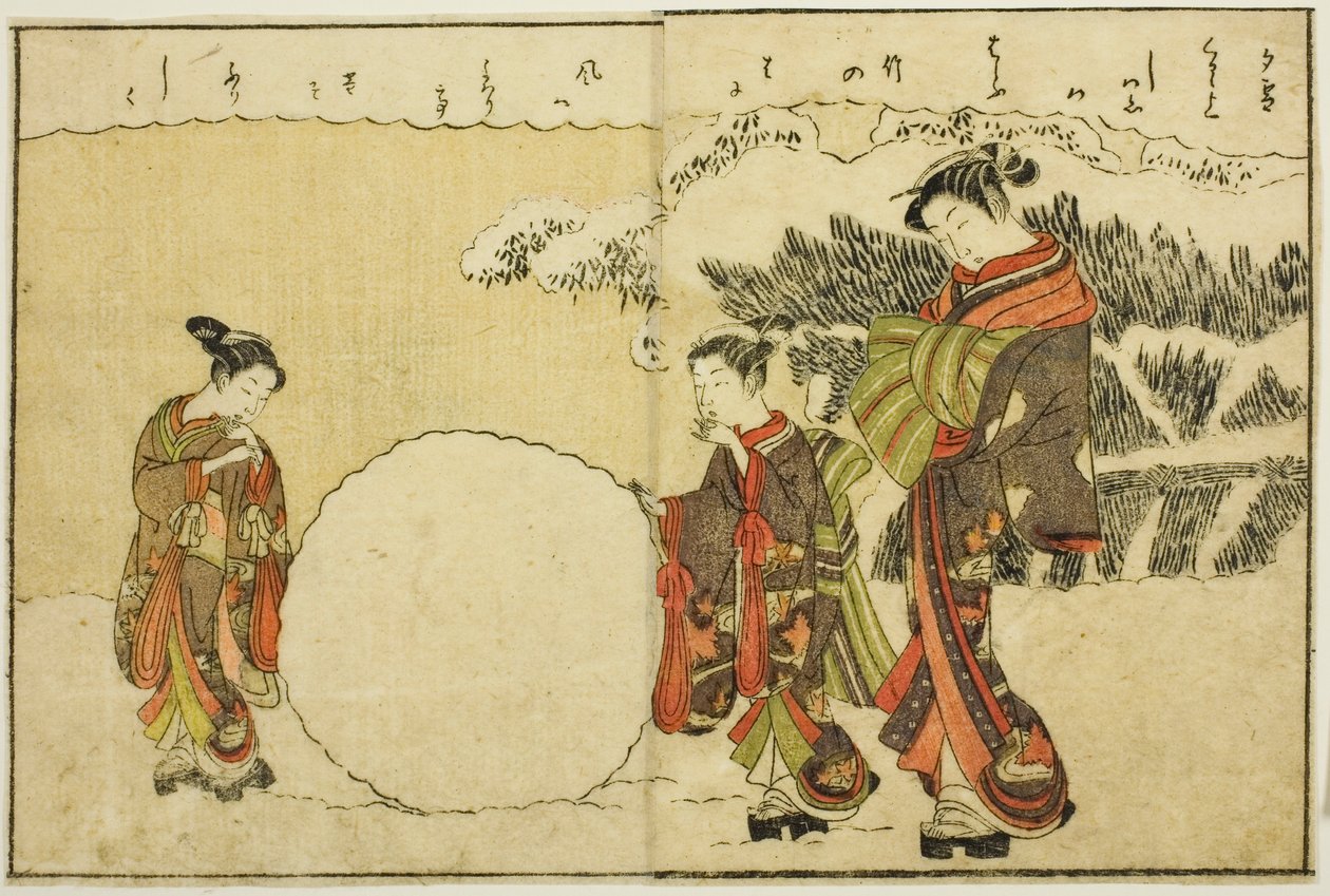 Dwustronicowa ilustracja z tom. 1 z „Picture Book of Spring Brocades (Ehon haru no nishiki)” autorstwa Suzuki Harunobu