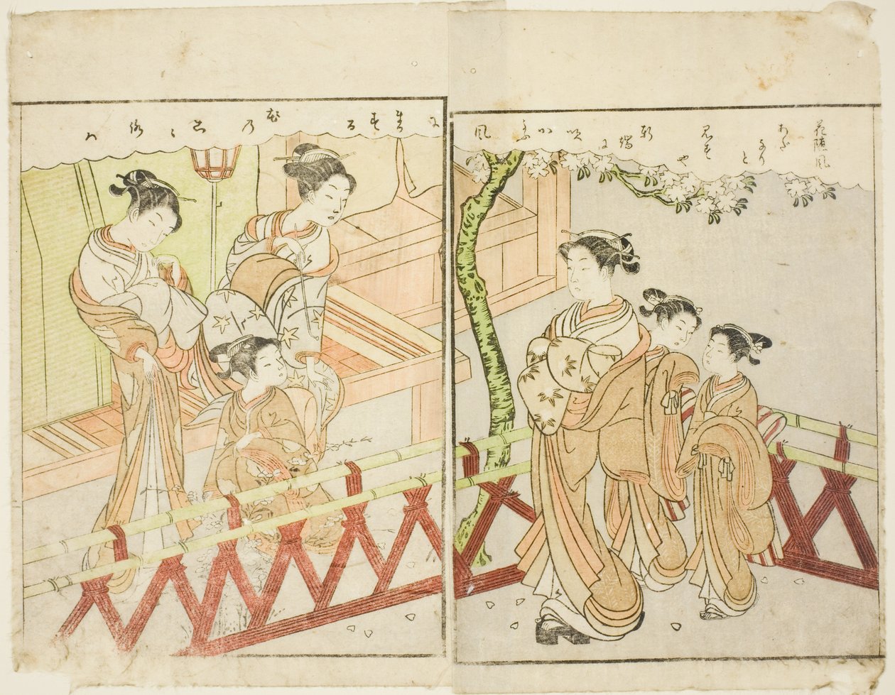 Dwustronicowa ilustracja z tom. 2 z „Picture Book of Spring Brocades (Ehon haru no nishiki)” autorstwa Suzuki Harunobu