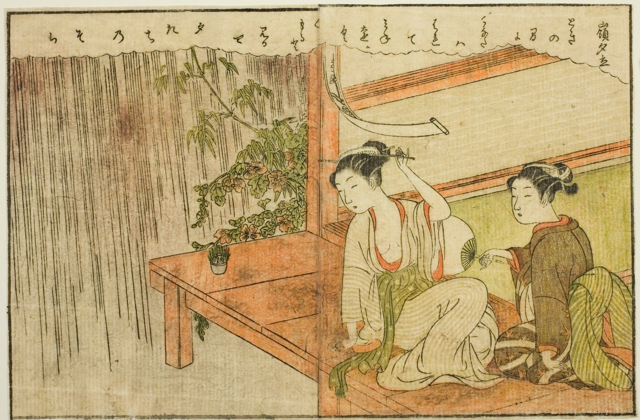 Dwustronicowa ilustracja z tom. 2 z „Picture Book of Spring Brocades (Ehon haru no nishiki)” autorstwa Suzuki Harunobu