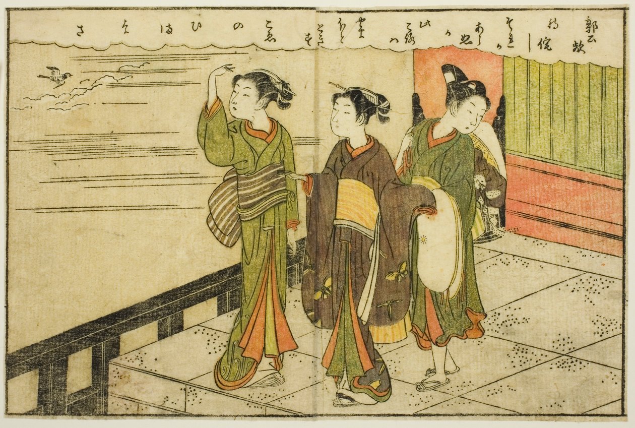 Dwustronicowa ilustracja z tom. 2 z „Picture Book of Spring Brocades (Ehon haru no nishiki)” autorstwa Suzuki Harunobu