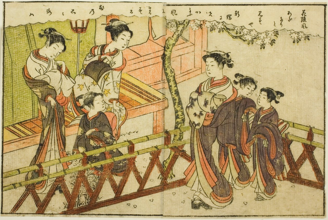 Dwustronicowa ilustracja z tom. 2 z „Picture Book of Spring Brocades (Ehon haru no nishiki)” autorstwa Suzuki Harunobu