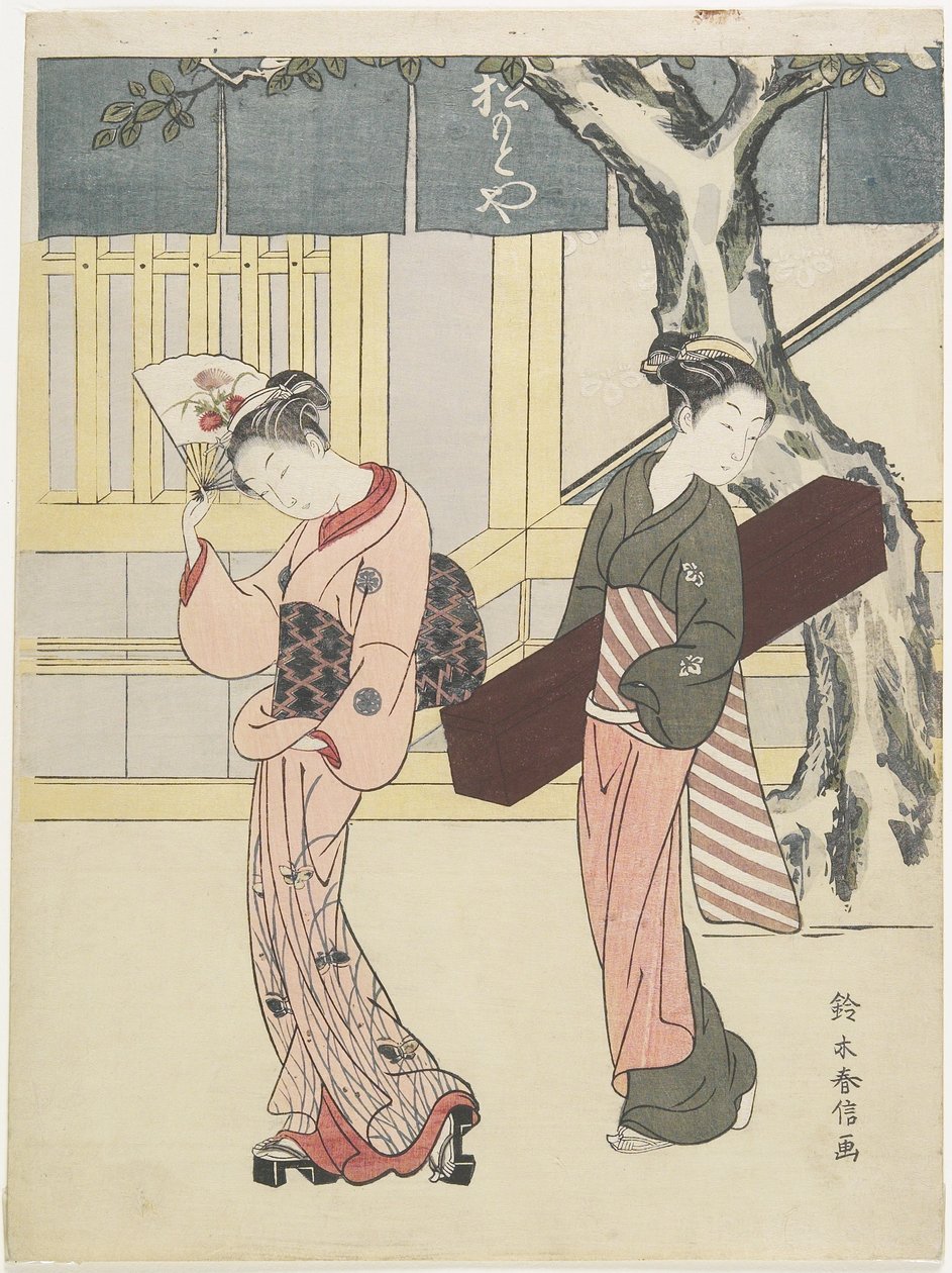 Artysta estradowy i jej asystent przed Matsumoto-ya, ok. 1930 1768 autorstwa Suzuki Harunobu