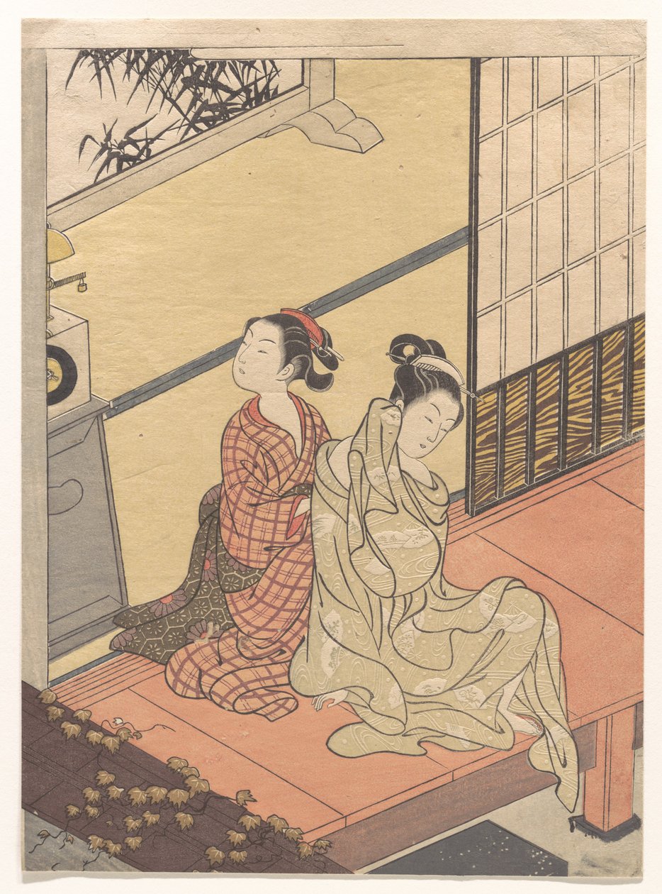 Wieczorne bicie zegara (Tokei no banshō), z serii „Osiem widoków salonu” (Zashiki hakkei) autorstwa Suzuki Harunobu