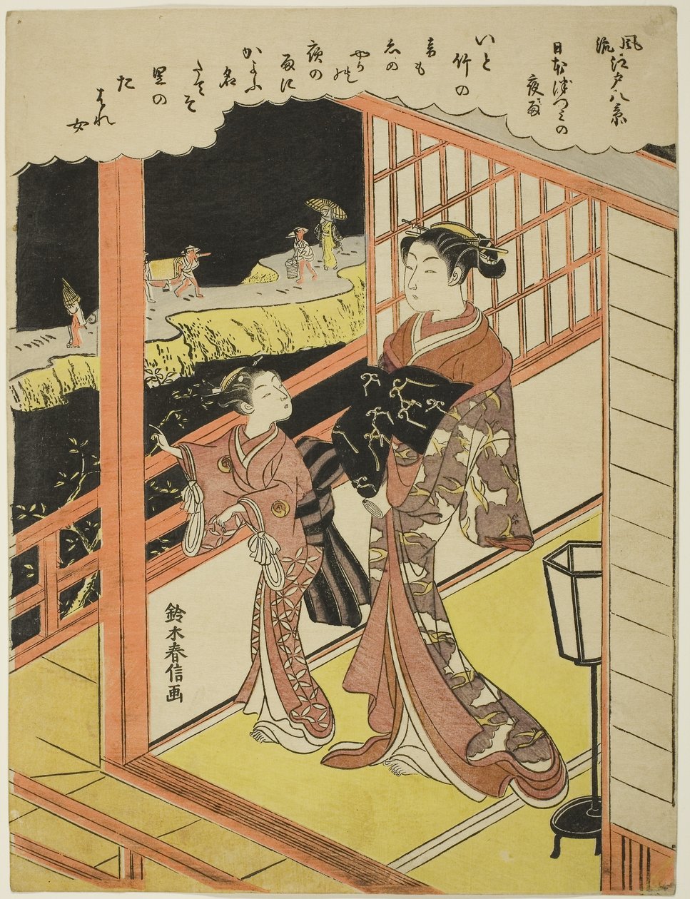 Wieczorny deszcz w Nihonzutsumi (Nihonzutsumi no yau), z serii "Osiem modnych widoków Edo (Furyu Edo hakkei)", ok. 1768-69 (kolorowy drzeworyt; chuban) autorstwa Suzuki Harunobu