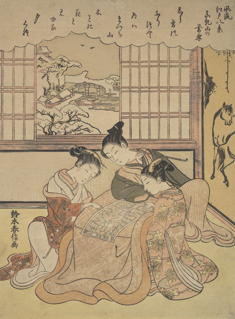 Wieczorny śnieg na Matsuchi Hilll, z cyklu Osiem modnych widoków futra Edo..., ca. 1765-70. autorstwa Suzuki Harunobu