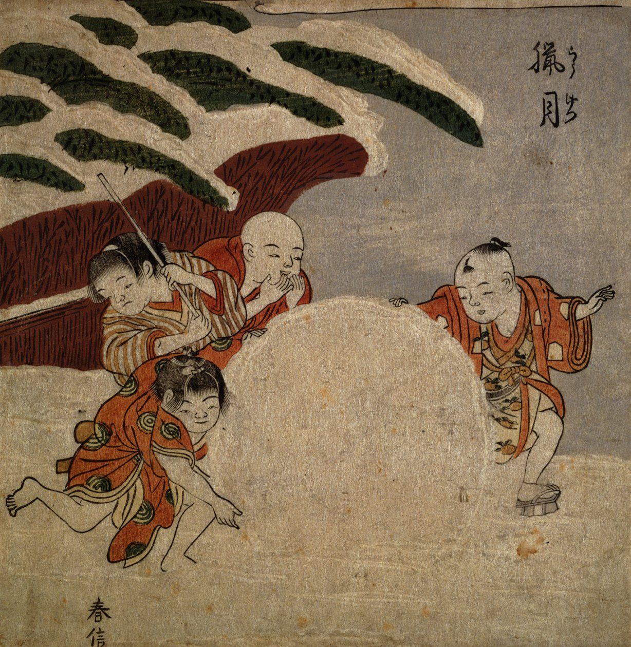 Czterech chłopców lepiących śnieżkę, ok. 1768 (kolorowy drzeworyt) autorstwa Suzuki Harunobu