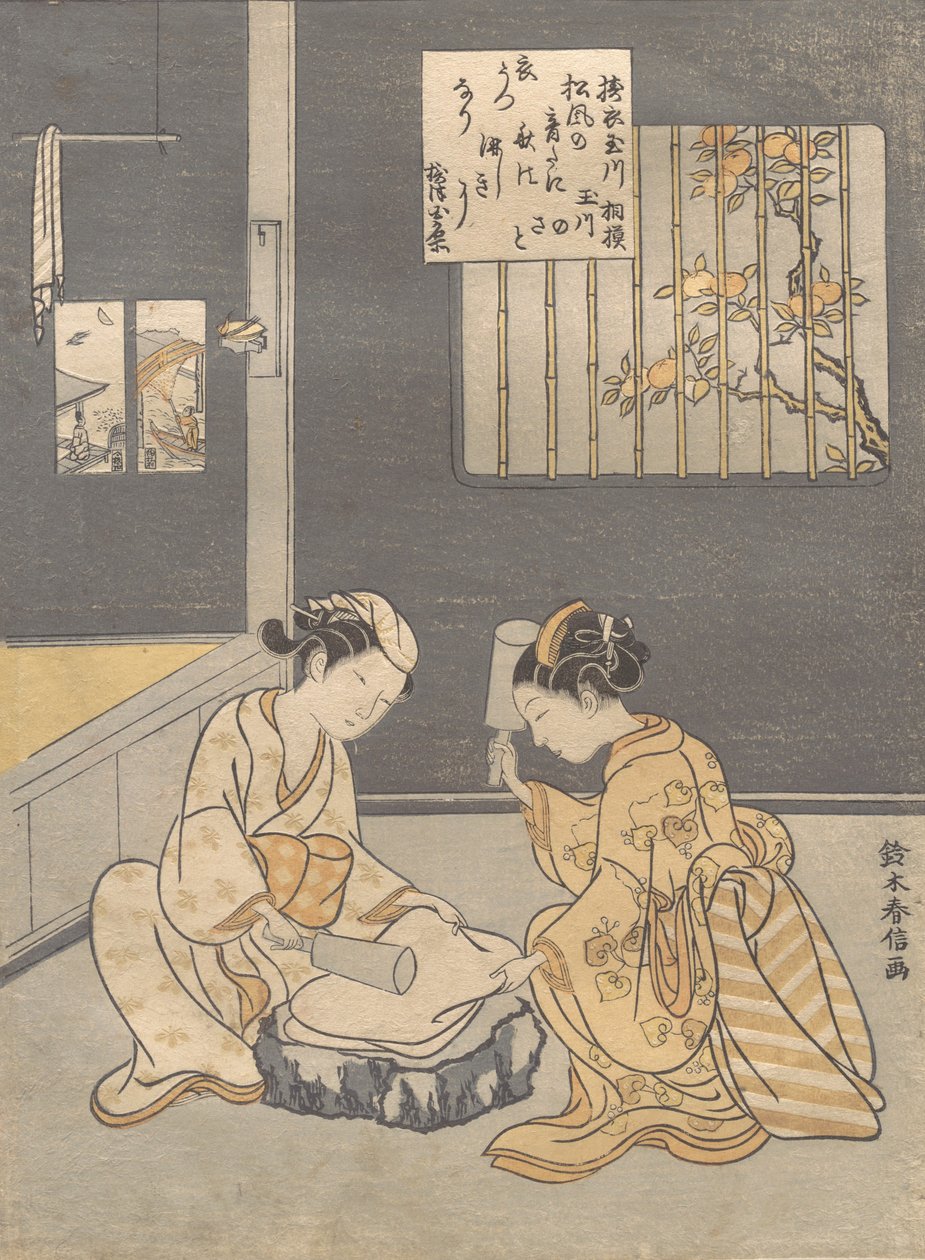 Fulling Cloth nad Jewel River Kinuta no Tamagawa, ca. 1768 r., ok. 1768 r. 1768. autorstwa Suzuki Harunobu