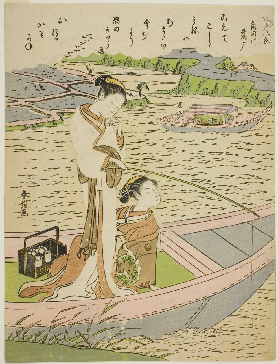 Gęsi schodzące na rzekę Sumida (Sumidagawa no rakugan), z serii „Osiem modnych widoków Edo (Furyu Edo hakkei)” autorstwa Suzuki Harunobu