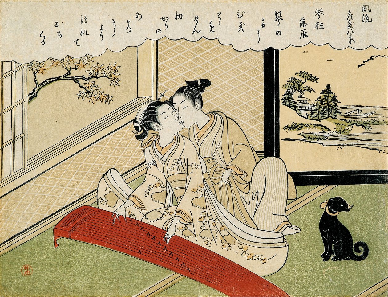 Gęsi schodzące po mostach koto ( Kotoji rakugan) z zestawu "Osiem modnych widoków salonowych (Furyu zashiki hakkei)". autorstwa Suzuki Harunobu