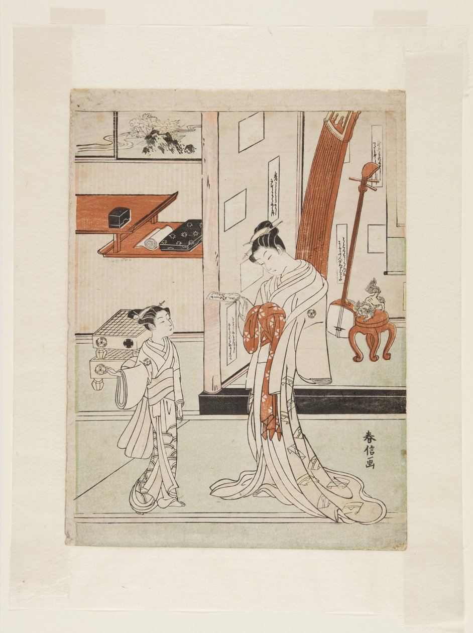 Geisha and Attendant (kolorowy drzeworyt) autorstwa Suzuki Harunobu