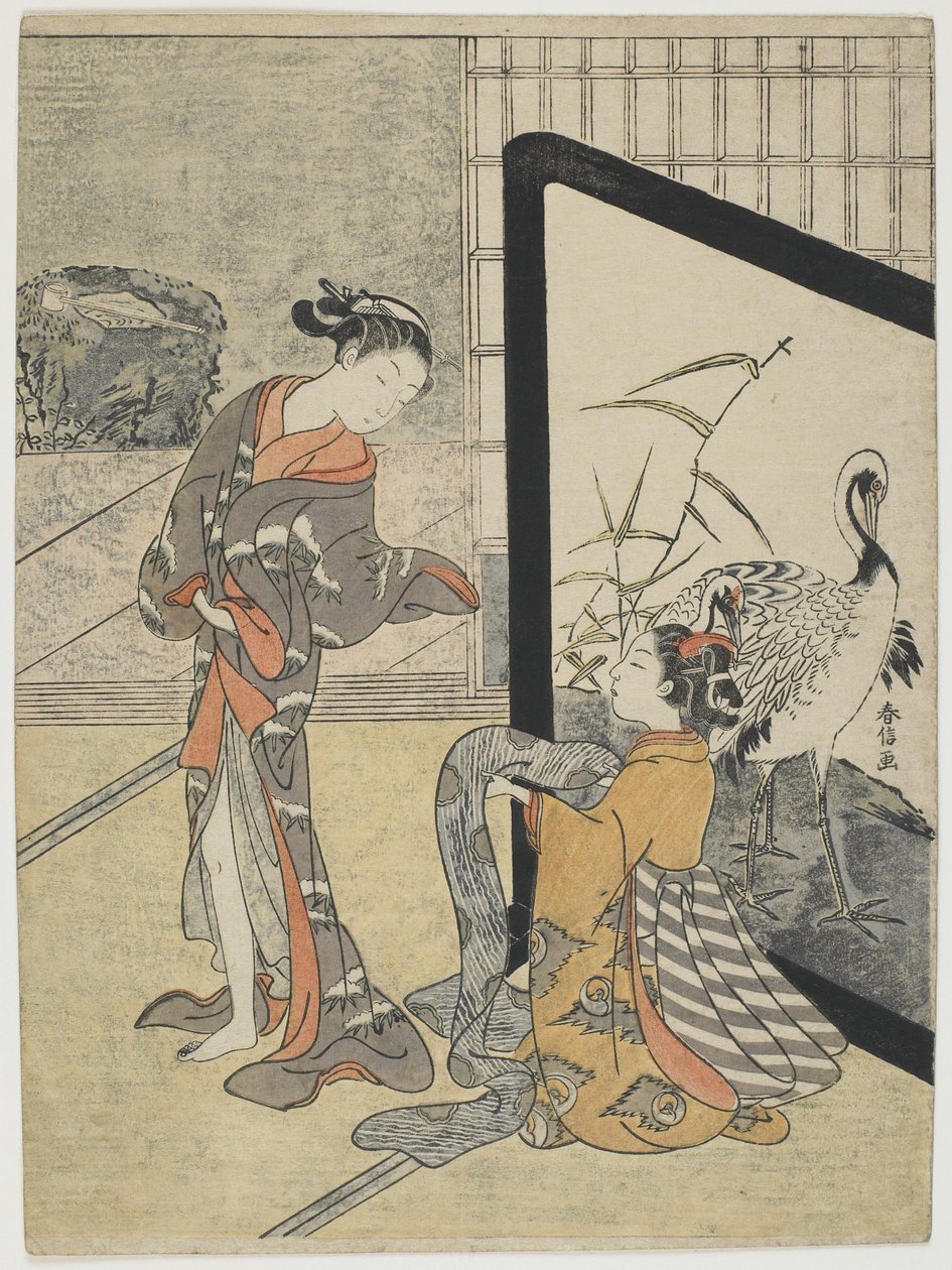 Ubieranie się, 1765-69 (kolorowa odbitka drzeworytnicza) autorstwa Suzuki Harunobu