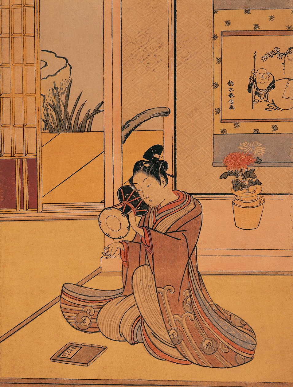 Włochy, Genua, Młody mężczyzna grający na bębnie Suzuki Harunobu (ok. 1725-1770), drzeworyt autorstwa Suzuki Harunobu