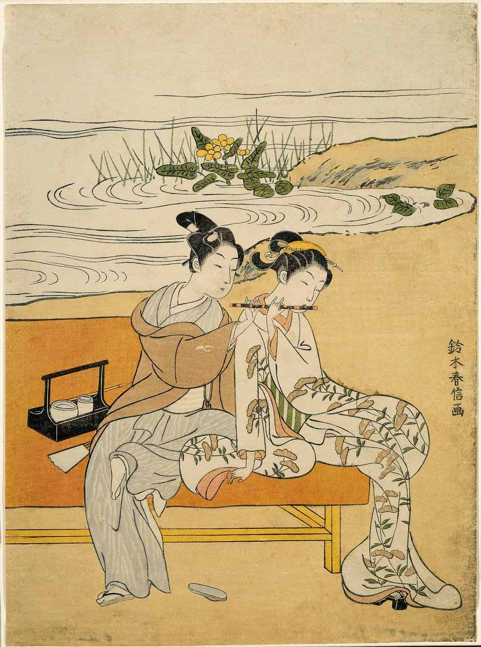 Kochankowie grający na tym samym flecie (parodia Xuanzonga i Yang Guifei), ok. 1767 (kolorowy drzeworyt; chuban) autorstwa Suzuki Harunobu