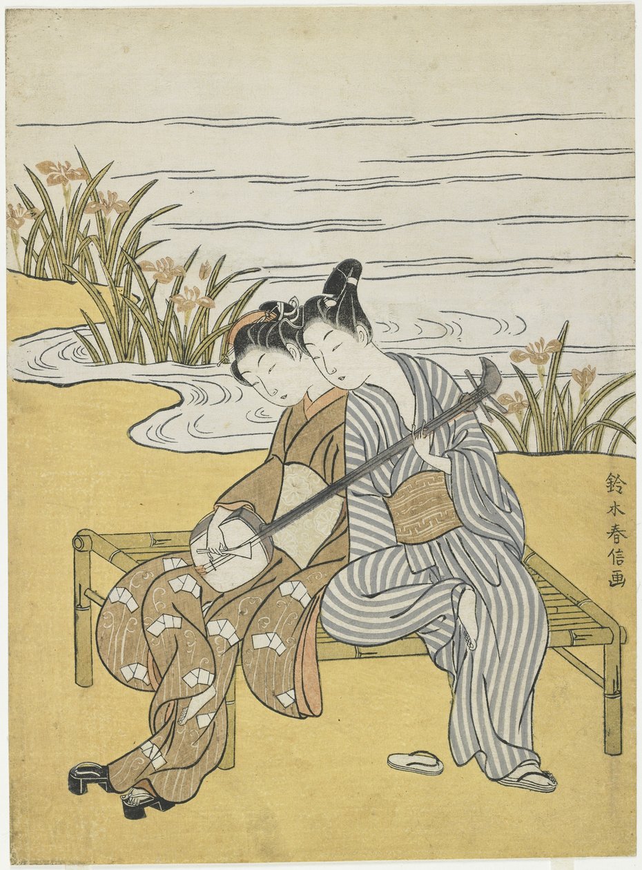 Kochankowie bawiący się tym samym Shamisenem jako mitate cesarza Xuanzonga i Yang Guifei, ok. 1930 r. 1767 autorstwa Suzuki Harunobu