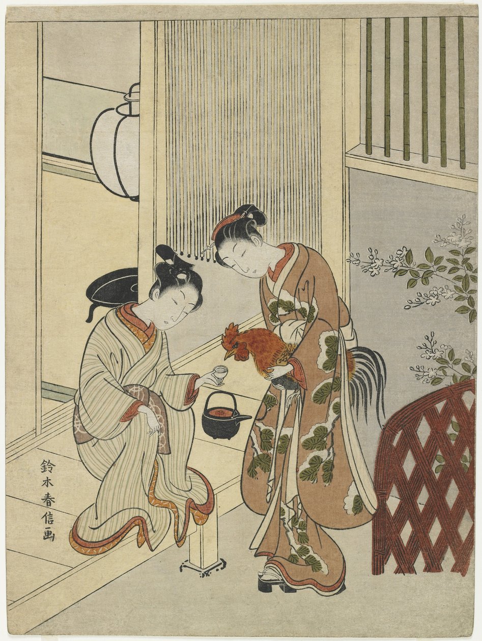 Kochankowie puszczający koguta z sake, ok. 1930 r. 1767 autorstwa Suzuki Harunobu