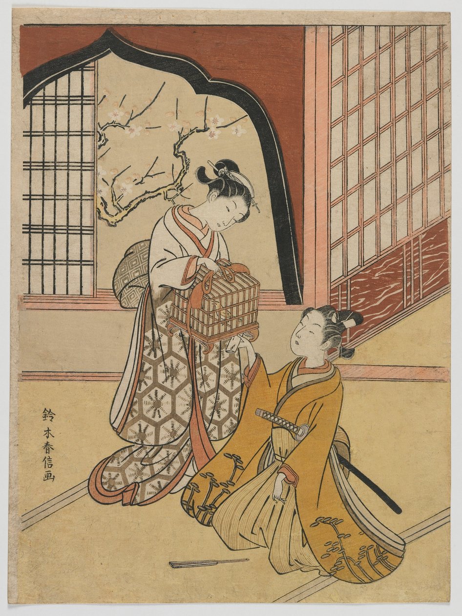 Kochankowie z klatką dla ptaków, epoka Edo, ok. 1766-67 (kolorowy drzeworyt) autorstwa Suzuki Harunobu