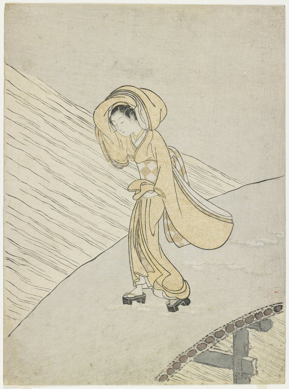 Mitate poematu Fujiwara no Teika "Przekraczając Sano", 1765 r. autorstwa Suzuki Harunobu