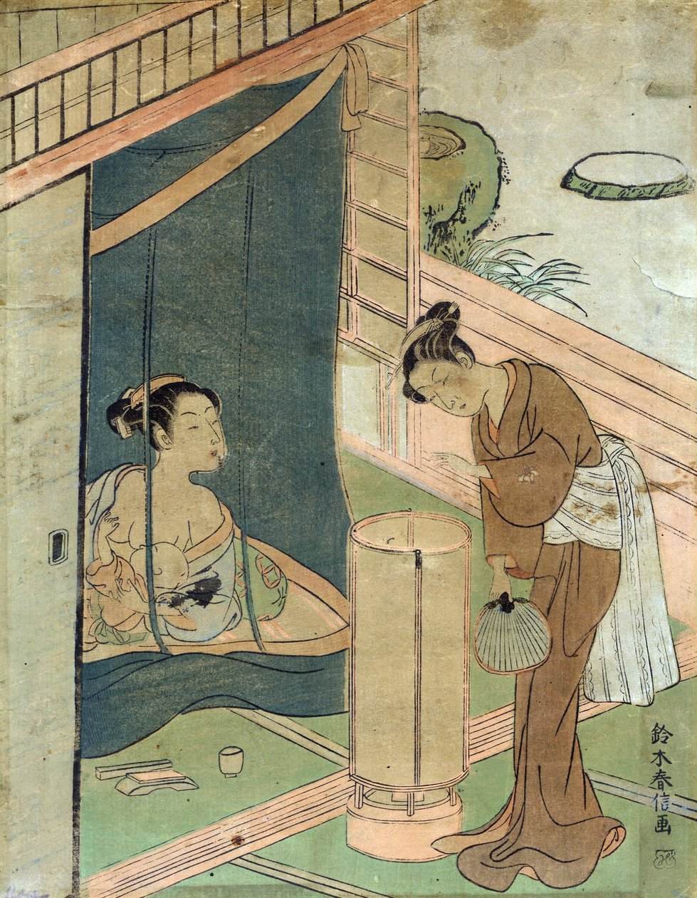Matka i dziecko za moskitierą autorstwa Harunobu Suzuki, japońskiego projektanta drzeworytu w stylu Ukiyo-e. autorstwa Suzuki Harunobu