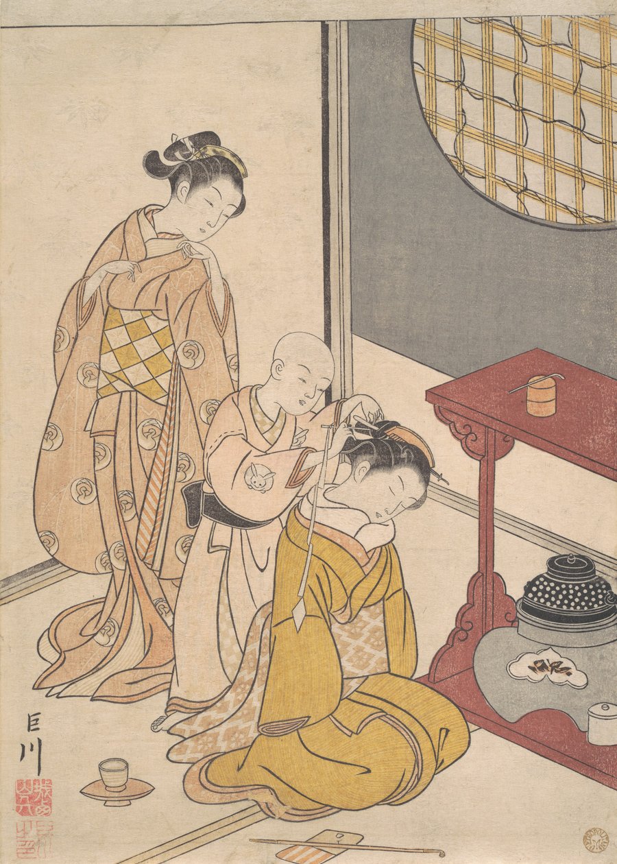 Deszcz nocny na stoisku z dwiema półkami, ok. 1766 (drewnodruk) autorstwa Suzuki Harunobu