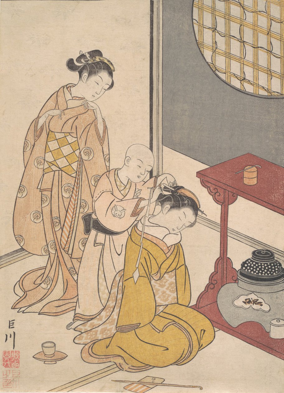 Deszcz nocny na stoisku z dwiema półkami, z cyklu Osiem salonów Zashiki hakk..., ca. 1766. autorstwa Suzuki Harunobu