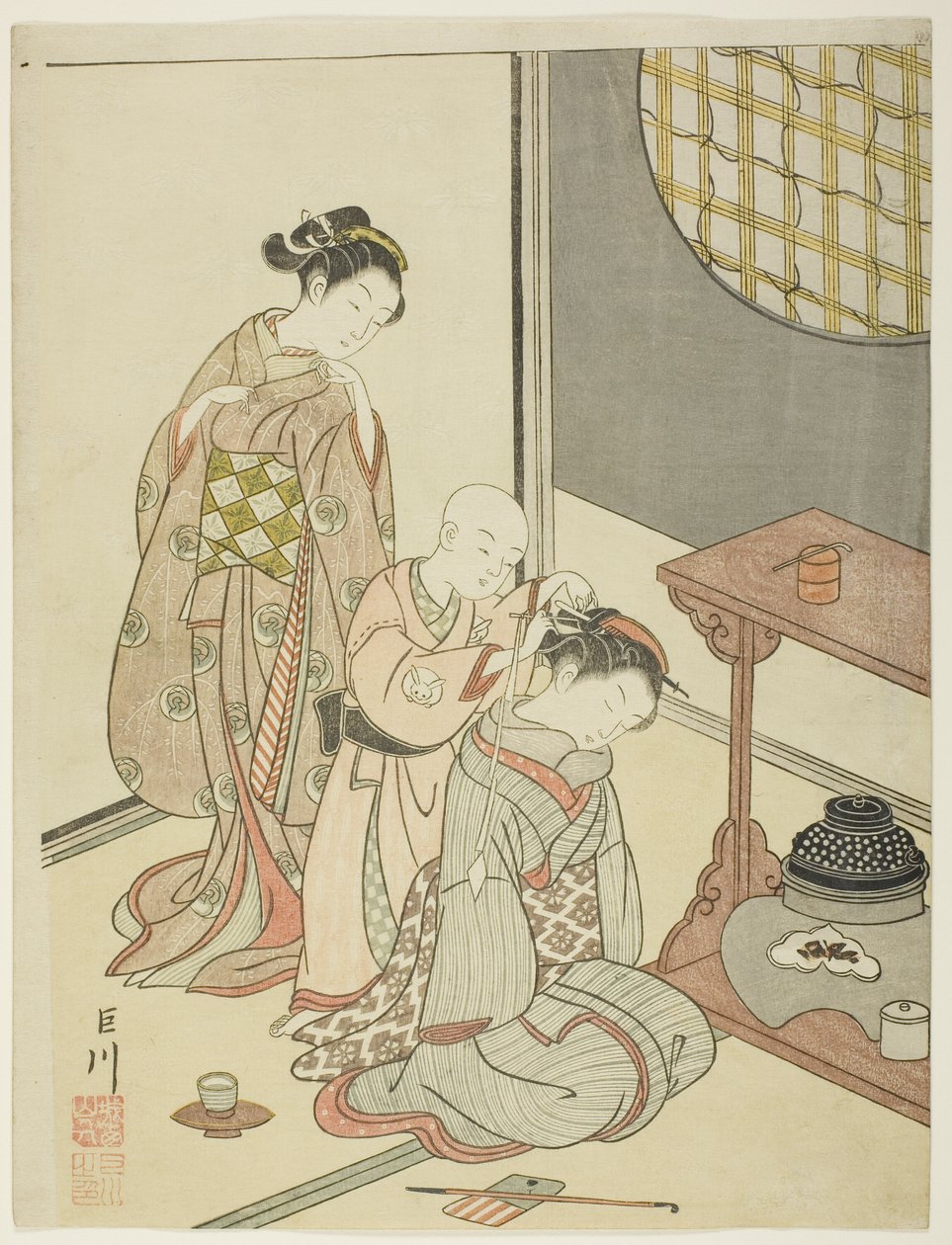 Nocny deszcz stoiska z herbatą (Daisu no yau), z serii „Osiem widoków salonu (Zashiki hakkei)” autorstwa Suzuki Harunobu