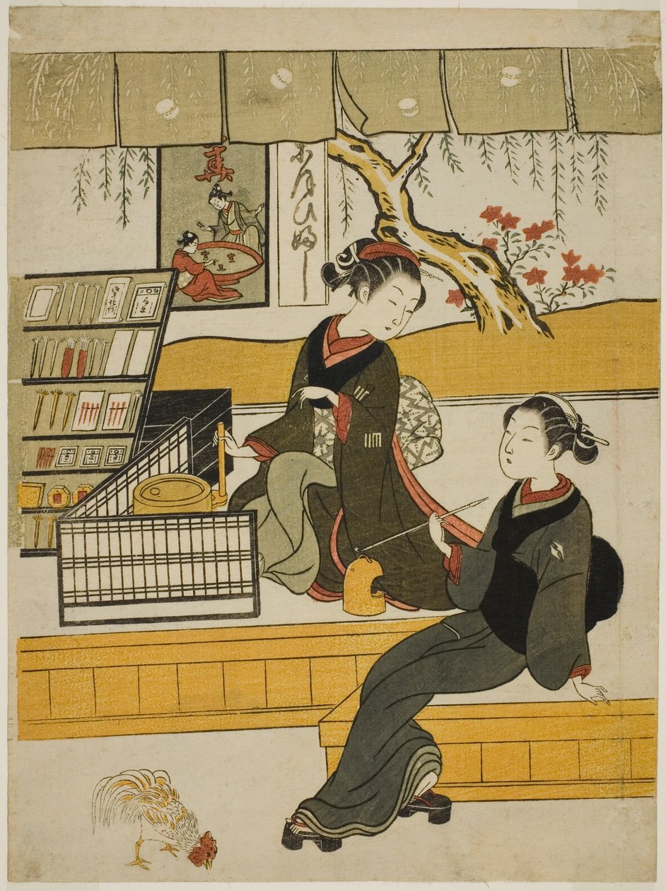 Ofuji, Shop Girl z Motoyanagiya, z klientem autorstwa Suzuki Harunobu