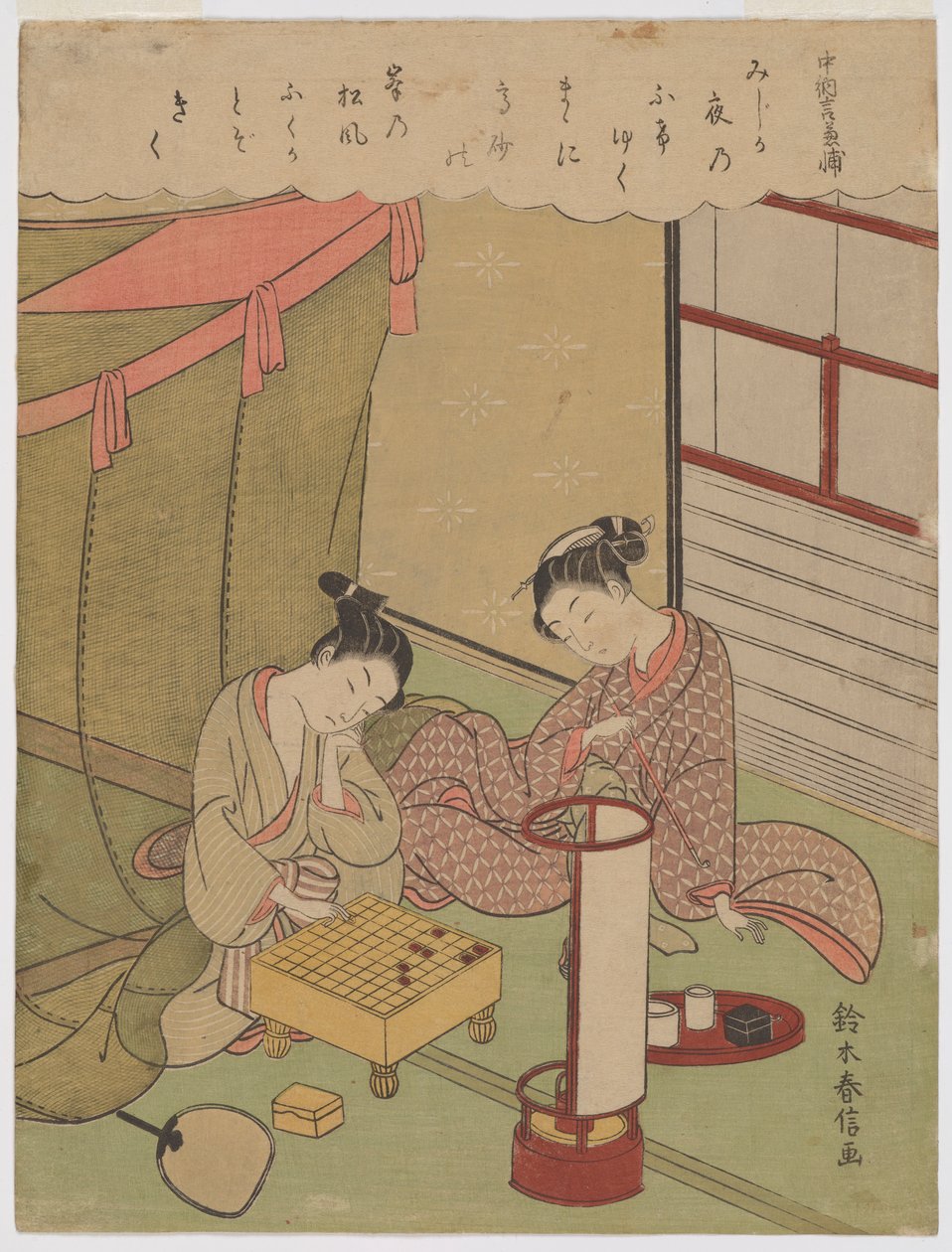 Oiran i młodzieniec przy grze w shogi w letni wieczór w Yoshiwarze autorstwa Suzuki Harunobu