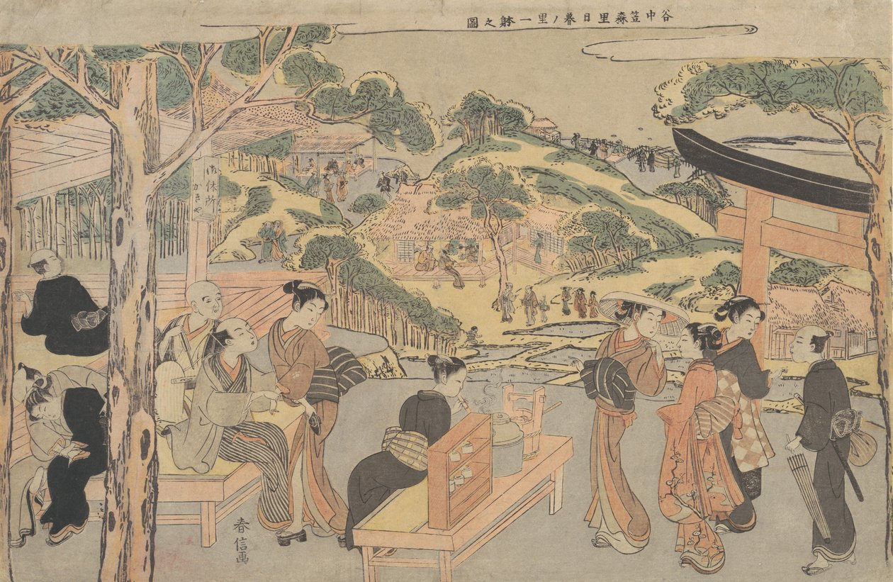 Widok herbaciarni Kagiya w sanktuarium Kasamori w Yanace, ca. 1768 r., ok. 1768 r. 1768 autorstwa Suzuki Harunobu