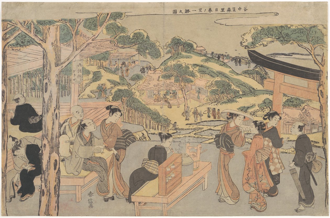 Osen z herbaciarni Kagiya przy chramie Kasamori z widokiem na Nippori w Yanace autorstwa Suzuki Harunobu