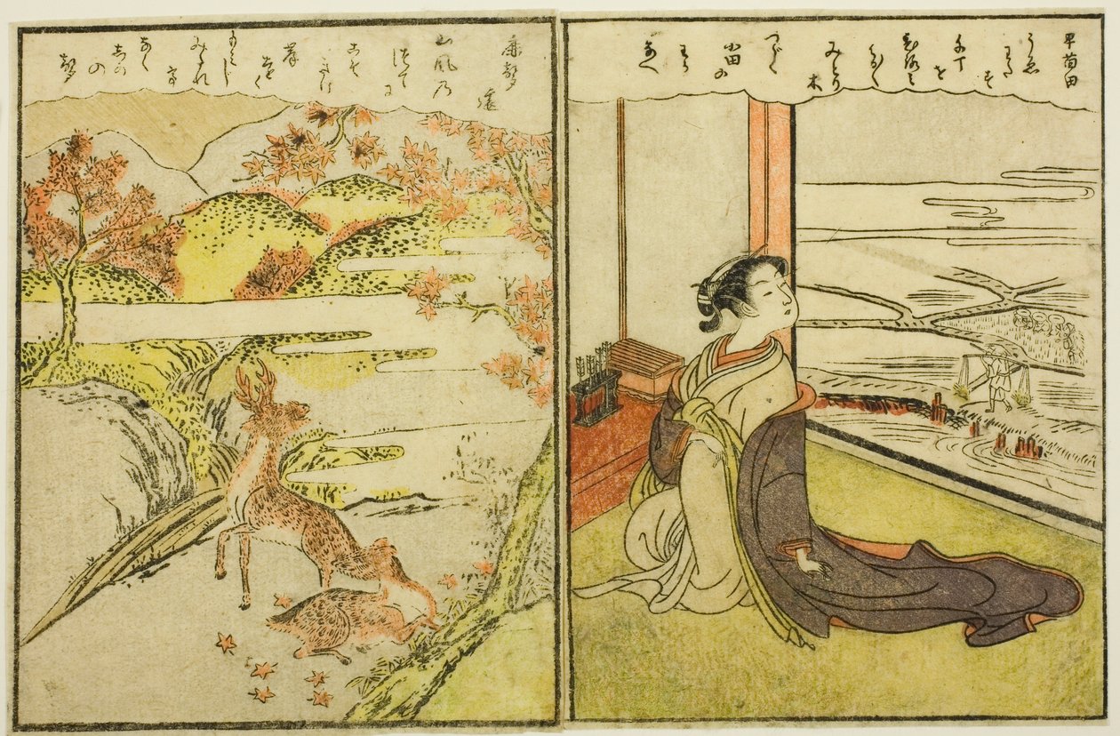 Strony z tom. 1 i 2 „Picture Book of Spring Brocades (Ehon haru no nishiki)” autorstwa Suzuki Harunobu
