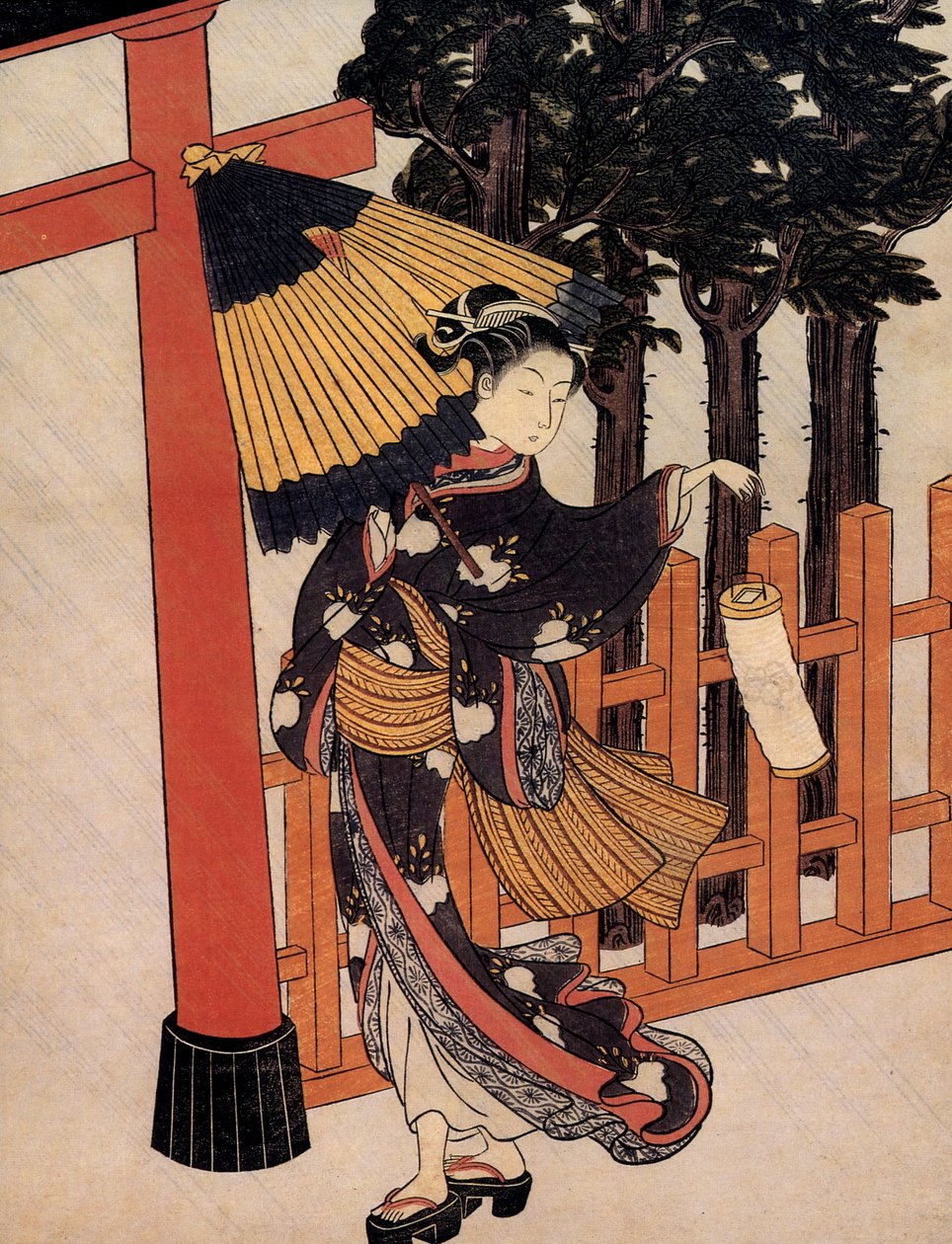 Pielgrzymka w deszczową noc, japoński znaczek Suzuki Harunobu (ok.1724-1770) autorstwa Suzuki Harunobu