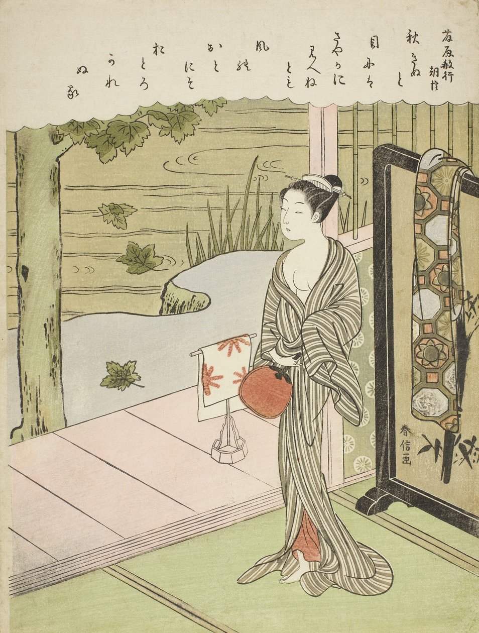 Poemat Fujiwara no Toshiyuki, z serii bez tytułu Thirty-Six Immortal Poets, c.1767-68 autorstwa Suzuki Harunobu