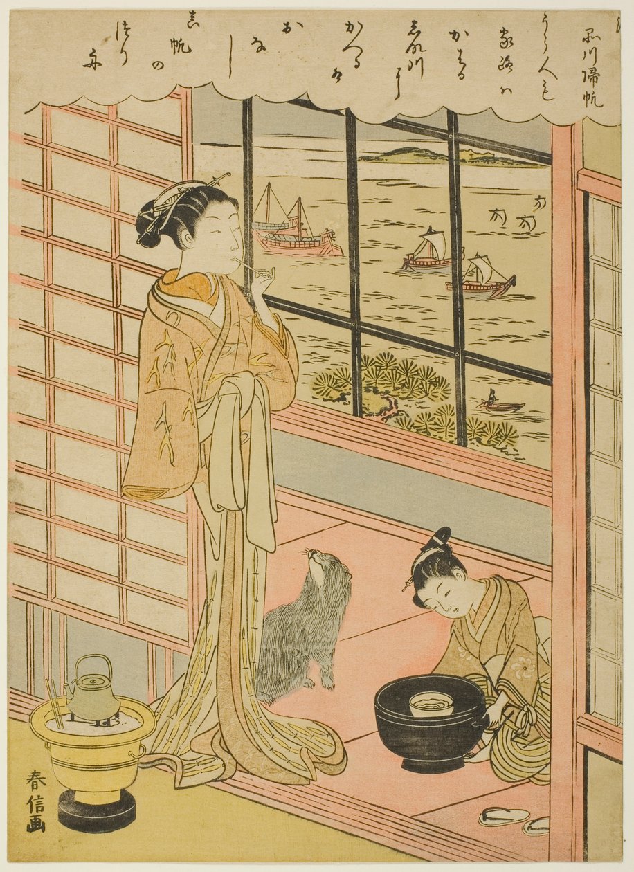Wiersz r ludzie ponownie ls w Shinagawa (norma Shinagawa), z serii „Angielski fascio walk be views of Edo (furyu Osiem widoków Edo)” autorstwa Suzuki Harunobu