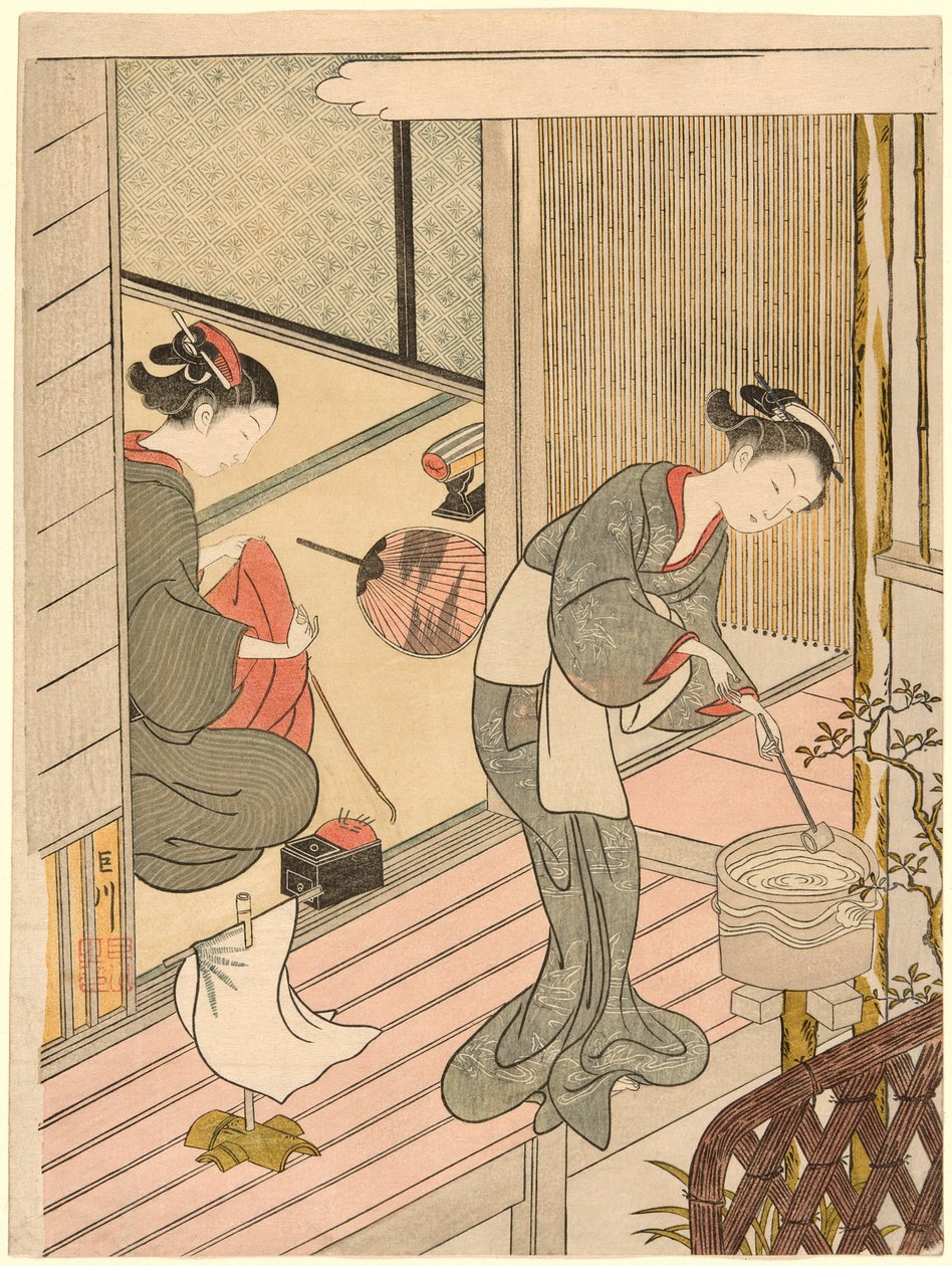 Powracające żagle wieszaka na ręczniki (Tenugui-kake no kihan), z serii „Osiem widoków salonu (Zashiki hakkei)” autorstwa Suzuki Harunobu