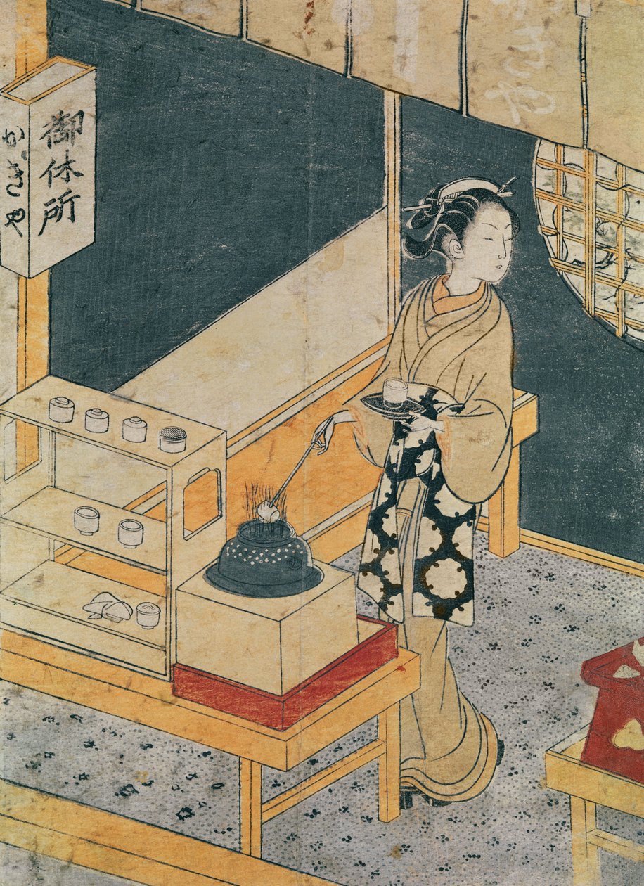 Służąca robiąca herbatę (kolorowa odbitka w technice woodblock) autorstwa Suzuki Harunobu