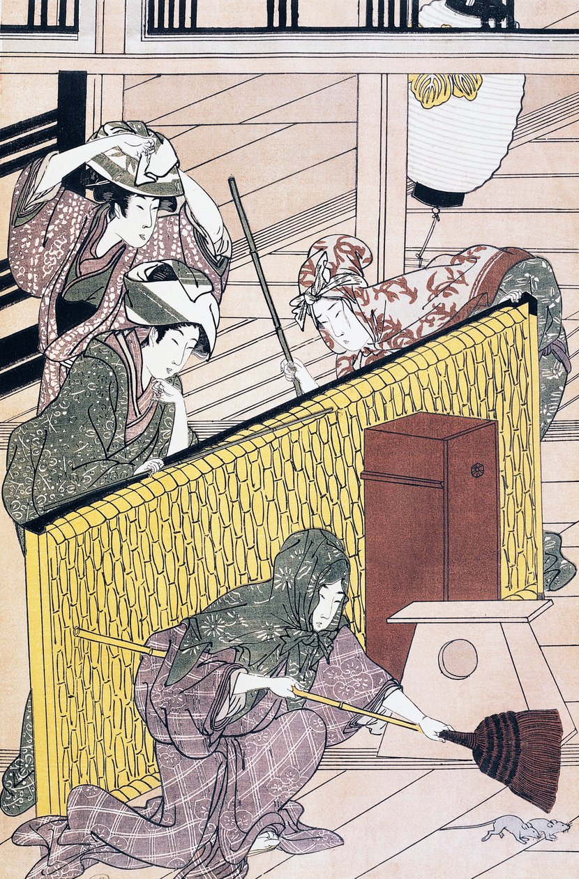 Sługa goniący myszy w domu, grafika ukiyo-e autorstwa Suzuki Harunobu (1725-1770), drzeworyt, cywilizacja japońska, okres Edo autorstwa Suzuki Harunobu