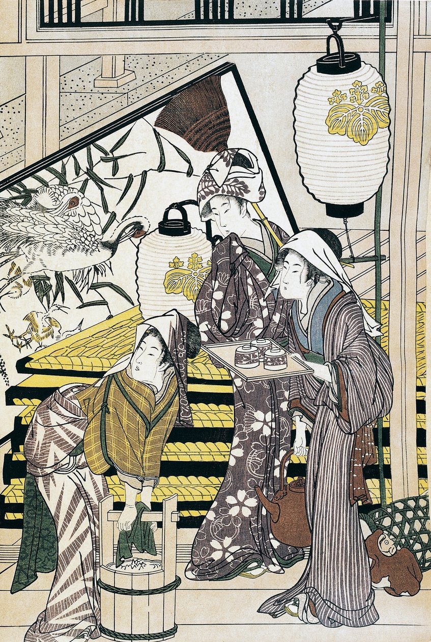 Słudzy w domu, grafika ukiyo-e autorstwa Suzuki Harunobu (1725-1770), drzeworyt, cywilizacja japońska, okres Edo autorstwa Suzuki Harunobu