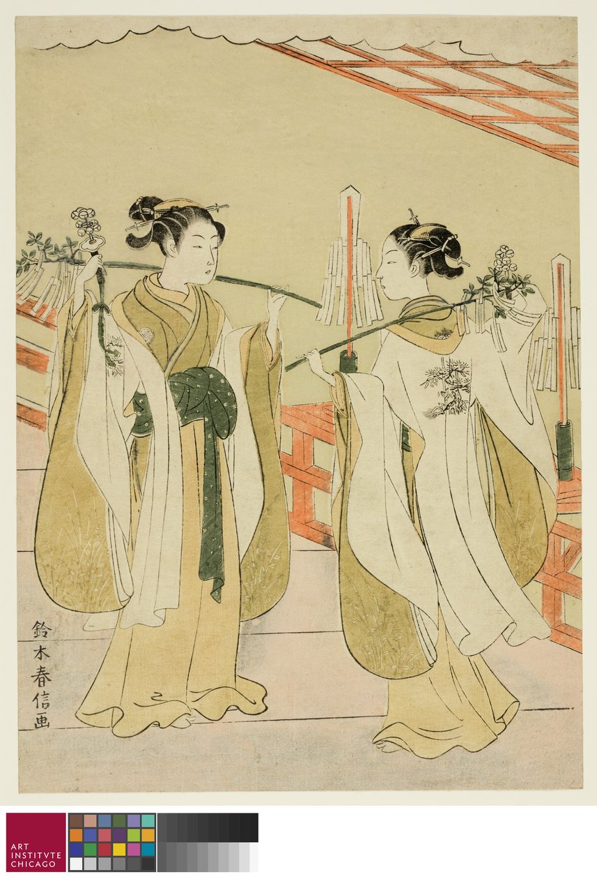 Shrine Maidens Onami and Ohatsu Dancing at Yushima Tenjin Shrine, c.1769 autorstwa Suzuki Harunobu