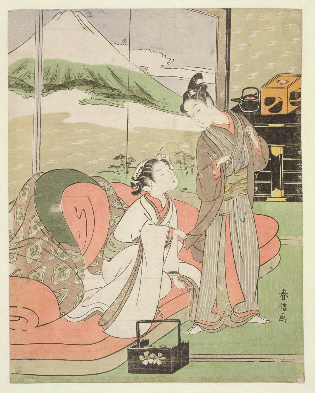 T H Riches 1913 Kochanek biorący urlop kurtyzany, ok.1768-9 (drewnodruk) autorstwa Suzuki Harunobu