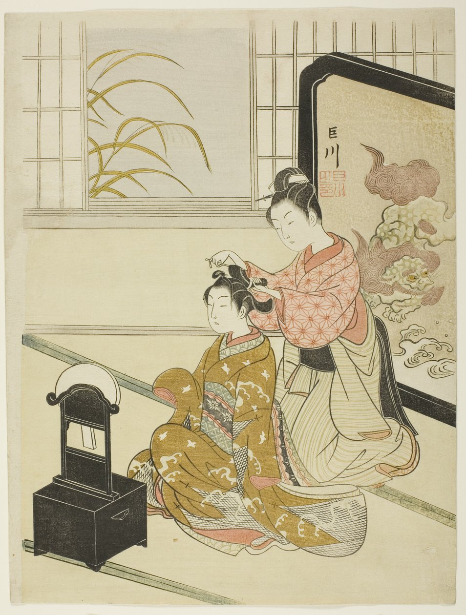 Jesienny księżyc w lustrze (Kyodai no shugetsu), z serii „Osiem widoków salonu (Zashiki hakkei)” autorstwa Suzuki Harunobu
