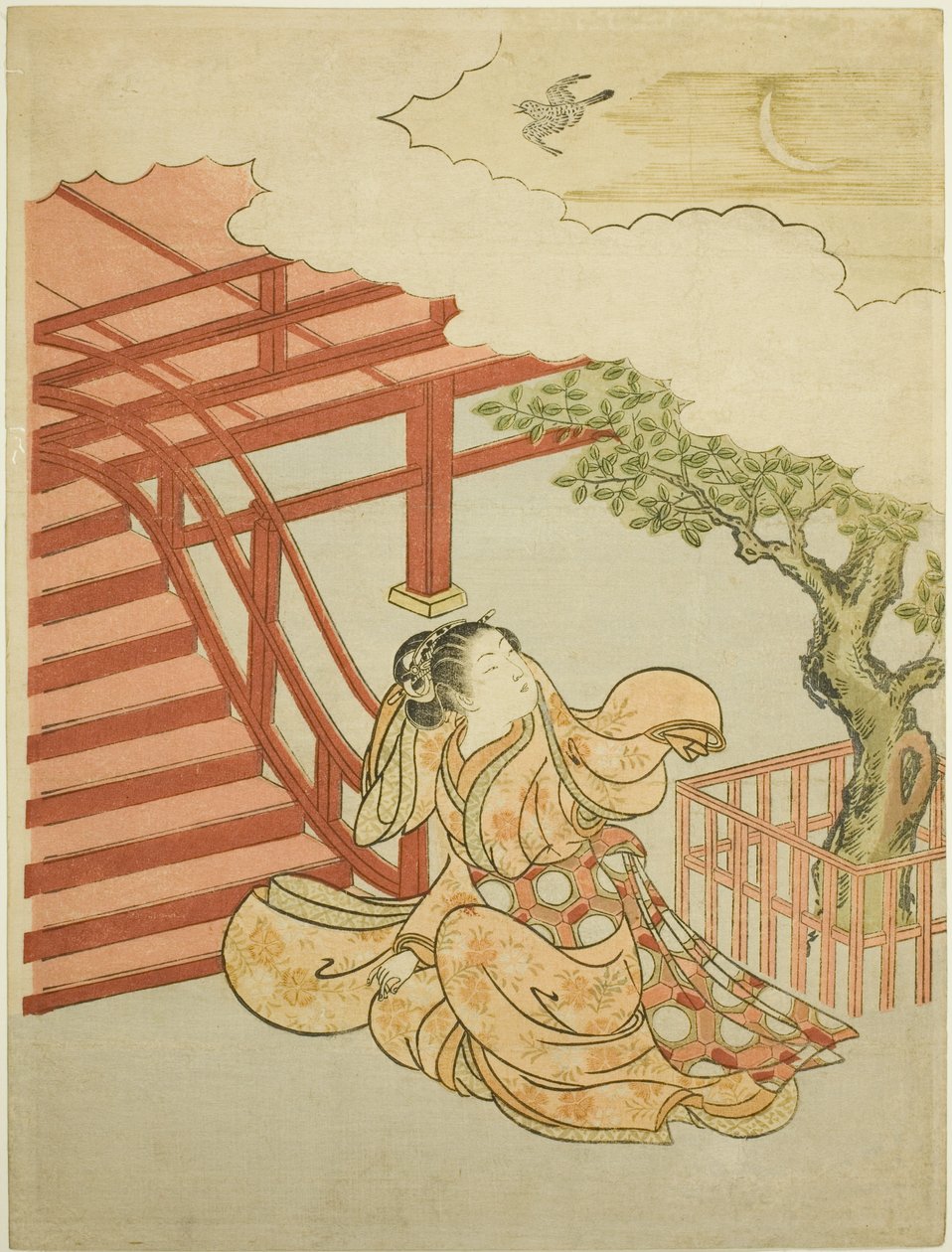 Wezwanie kukułki znad chmur (parodia Minamoto no Yorimasa) autorstwa Suzuki Harunobu