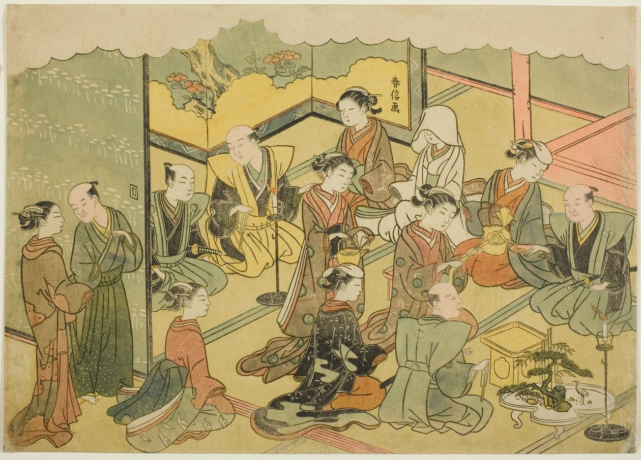 Ceremonialna Sake (Konrei sakazuki), czwarty arkusz z serii „Małżeństwo w drukach brokatowych, powóz cnotliwej kobiety (Konrei nishiki misao-guruma)” autorstwa Suzuki Harunobu