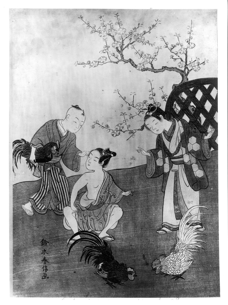 Walka kogutów (drewnodruk) autorstwa Suzuki Harunobu